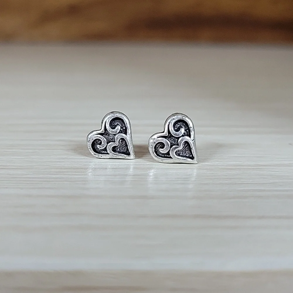 Sterling Silver Dainty Heart Stud Earrings, S925 - Picture 1 of 6